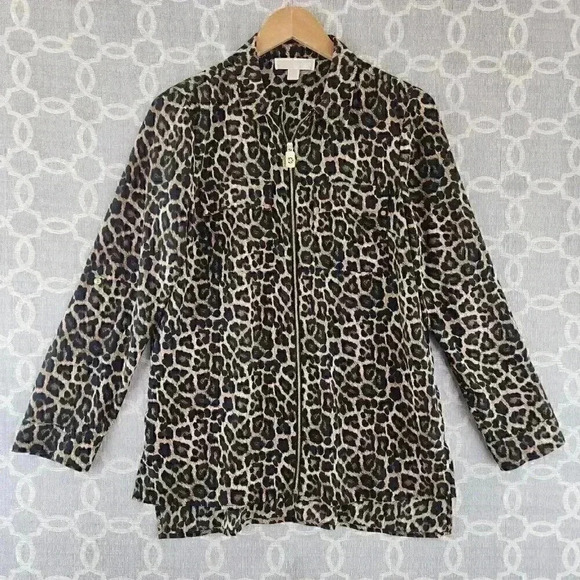 Michael Kors Full Zip Collar Leopard Long Tab Sleeve Chiffon Blouse M - Picture 1 of 10